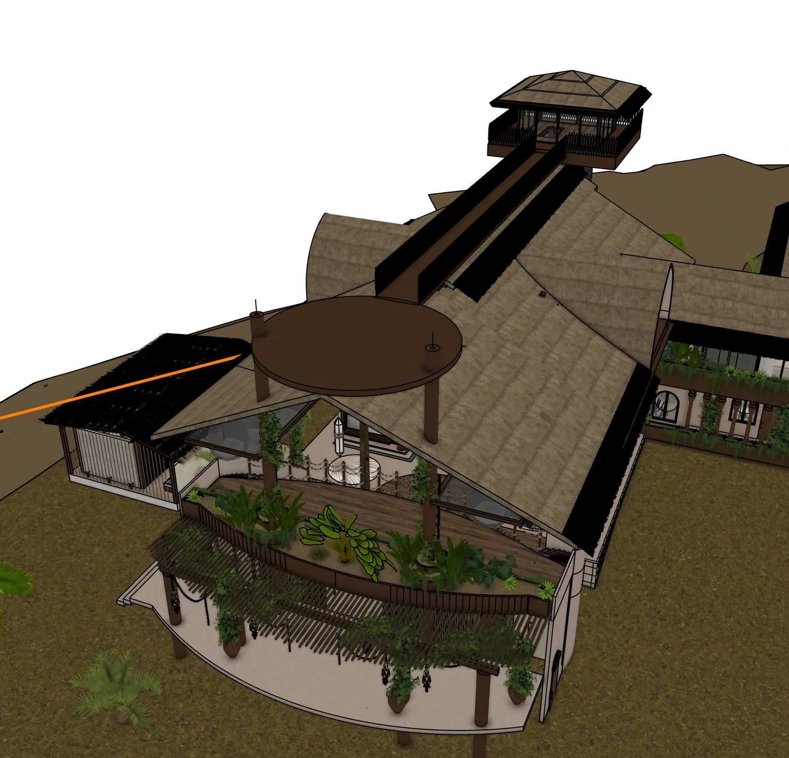 Aerial design rendering of Elevate's thatched roofs and planted terraces