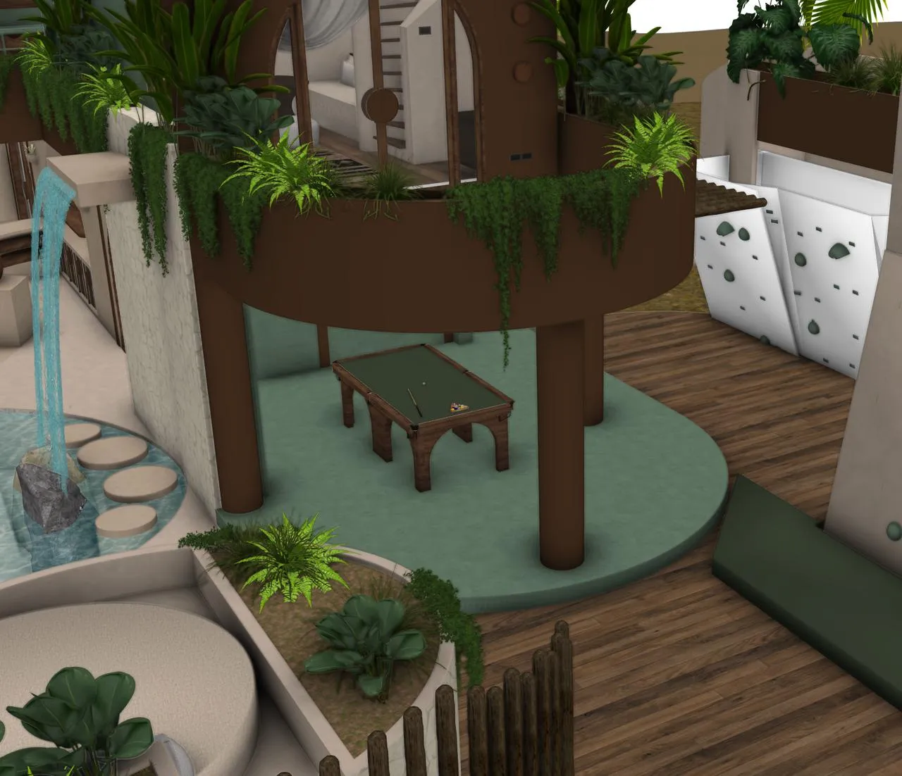 Design rendering of a lounge deck below the climbing wall with a waterfall feature
