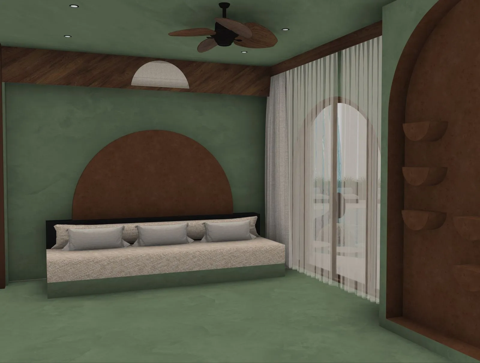 Design rendering of a room with a green wall, a built-in daybed and tall curtained doors