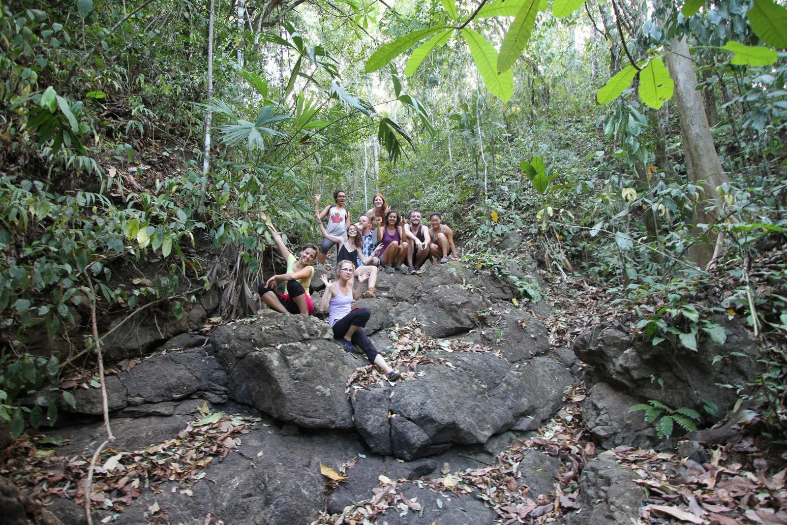 Hikers resting on rocks along a forest trail