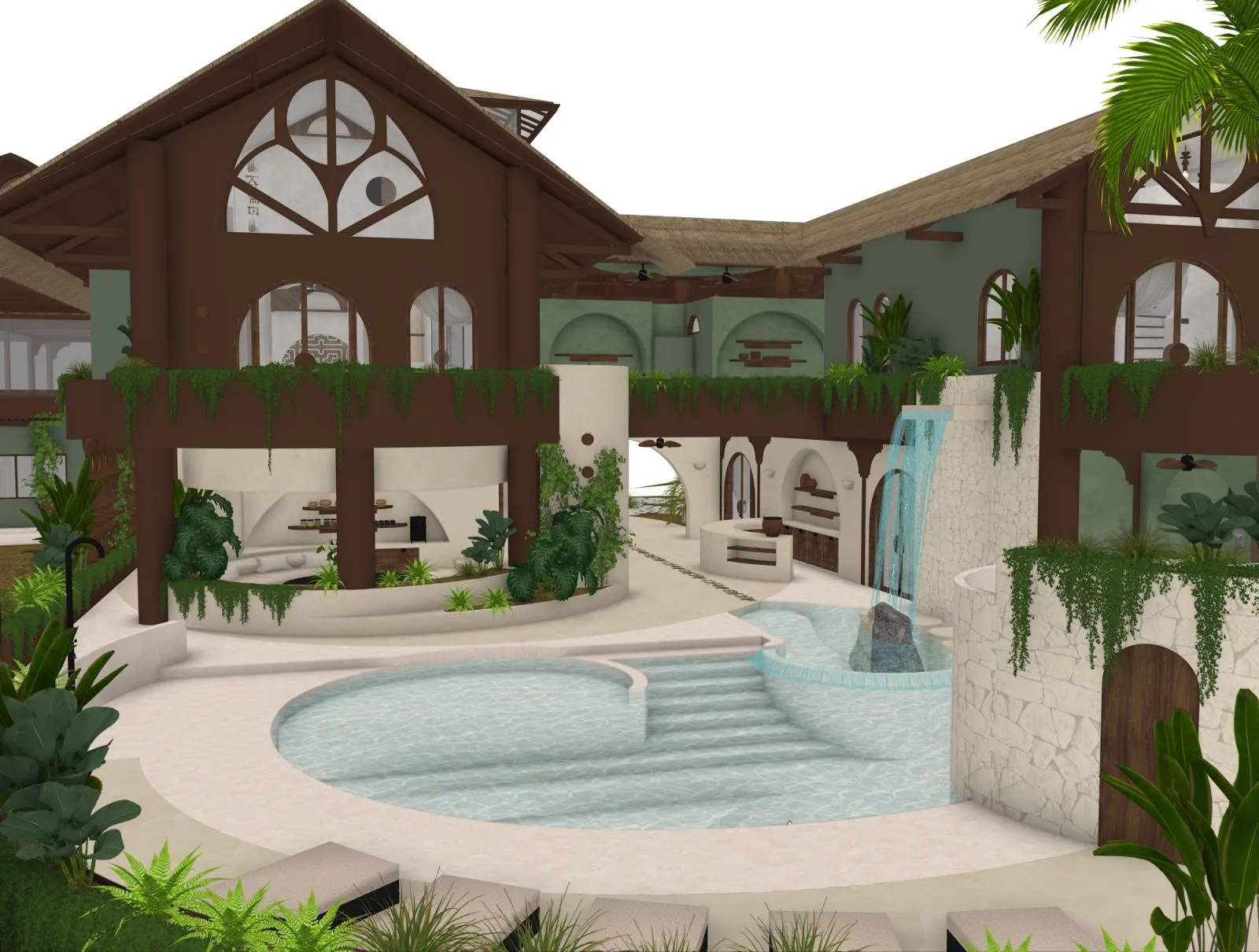 Design rendering of the pool terrace with arched doorways